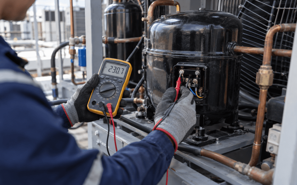 Técnico verificando voltaje de un compresor de refrigeración
